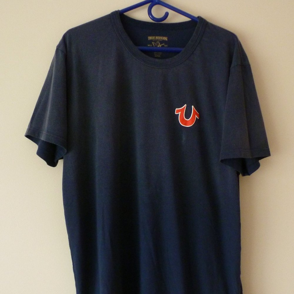 Men's True Religion T-Shirt - Navy Blue. Red Logo on Front and Back. Size XXXL